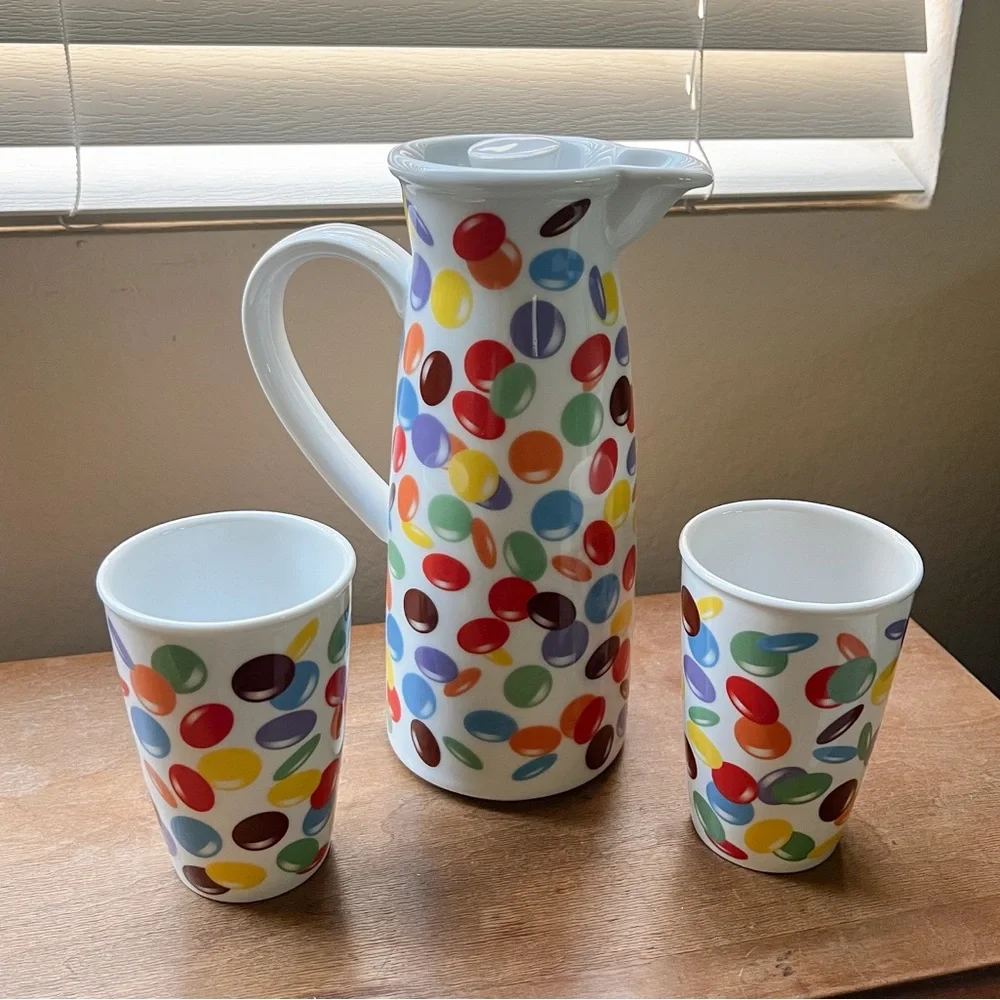 RARE Vintage Arzberg Smarties Ceramic Pitcher Carafe and Drinking Glasses Set